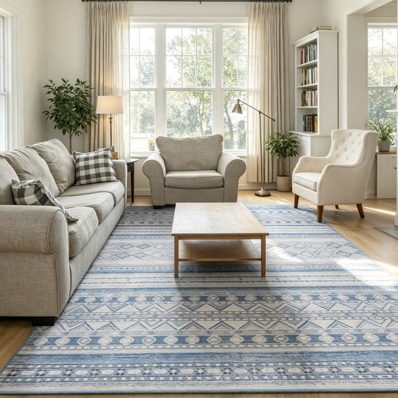 Jamfeel Washable Area Rugs Non-slip Printed Boho Area Rug for Living Room Soft Low Pile Carpet Home Decor 4'x6' Azure