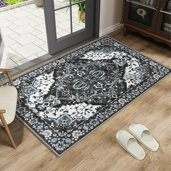 Jamfeel Washable Entry Rug Floral Print Washable Carpet 2x3 Small Rugs Entryway Kitchen Bedroom, Black