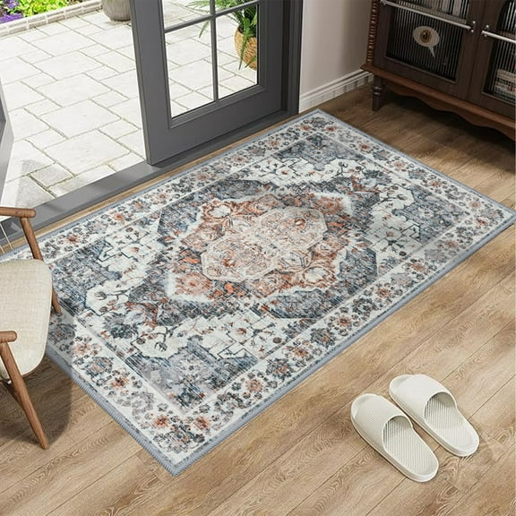 Jamfeel Washable Entry Rug Floral Print Washable Carpet 2x3 Small Rugs Entryway Kitchen Bedroom, Blue