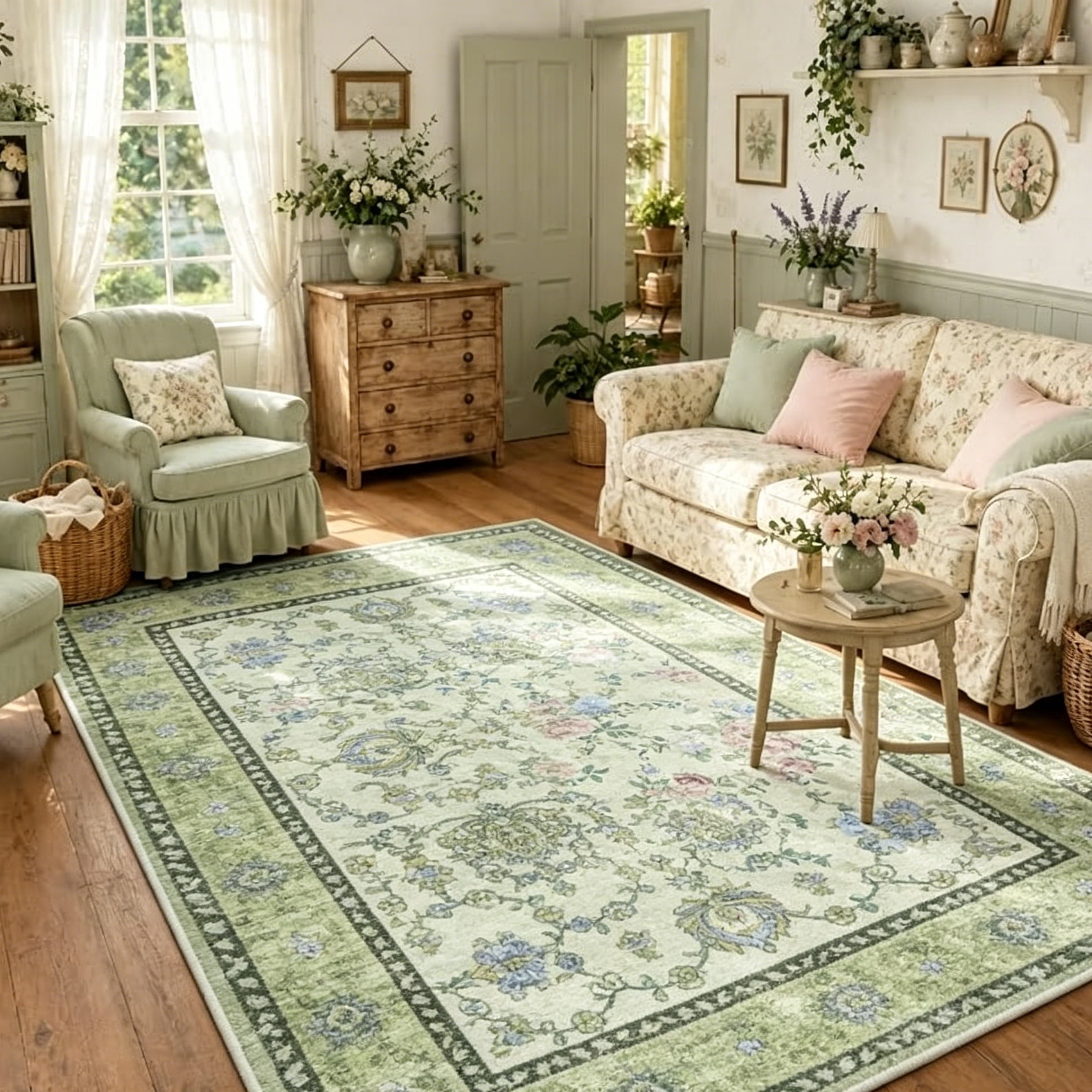 Jamfeel Washable Rugs Ultra-Thin Soft Non-slip Vintage Printed Area Rug Low-Pile Carpet for Living Room Indoor Decor 4'x6' Green