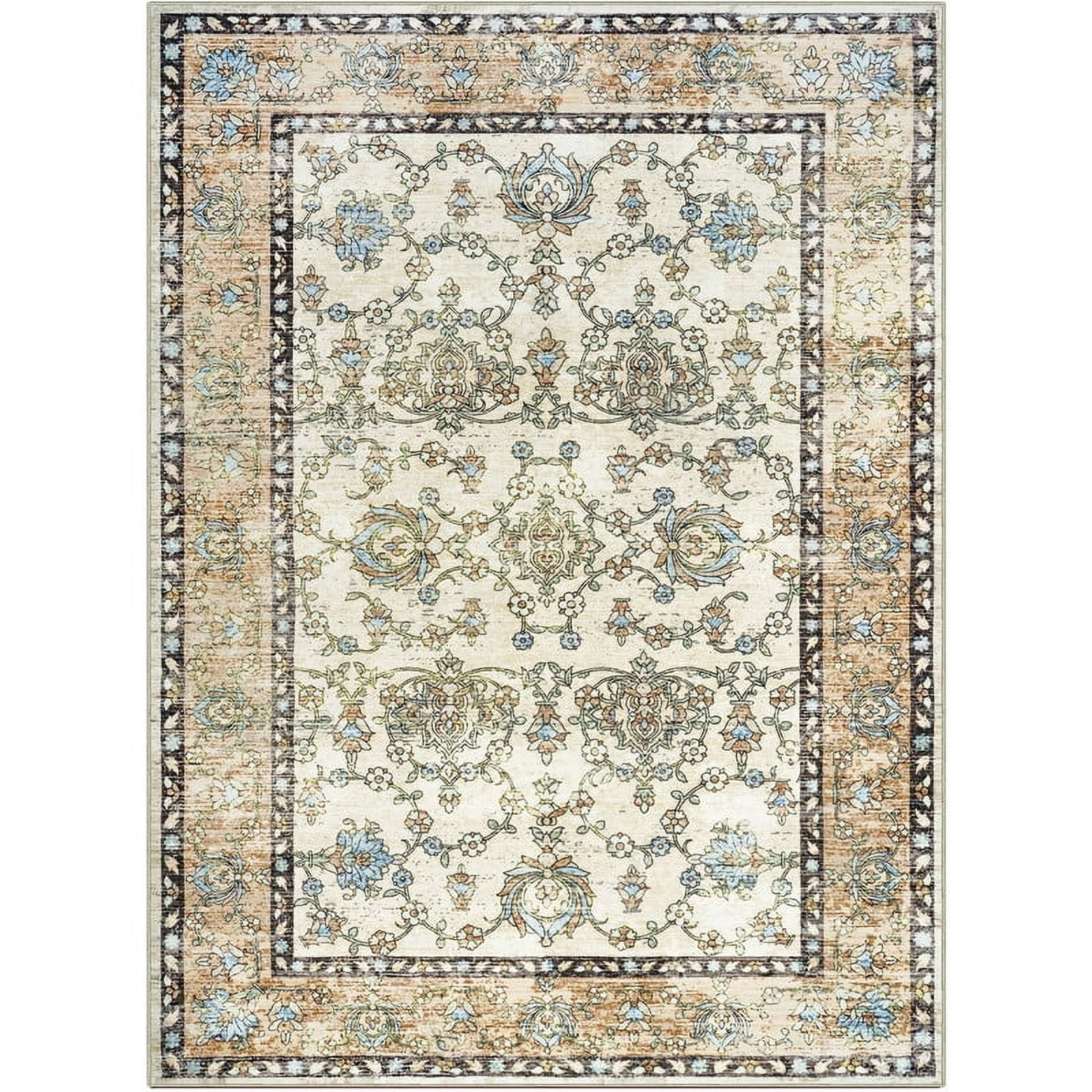 Jamfeel Washable Rugs Ultra-Thin Soft Non-slip Vintage Printed Area Rug Low-Pile Carpet for Living Room Indoor Decor 5'x8' Beige