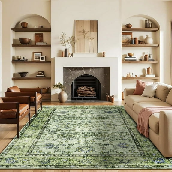 Jamfeel Washable Rugs Ultra-Thin Soft Non-slip Vintage Printed Area Rug Low-Pile Carpet for Living Room Indoor Decor 6'x9' Green