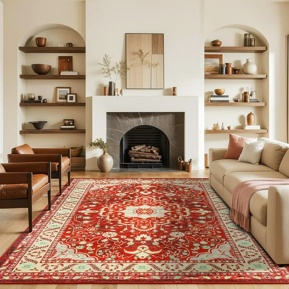 Jamfeel Washable Rugs Vintage Distressed Print Indoor Carpet Low-Pile Floor Non Slip Rug for Living Room, Bedroom 5' x 8' Red