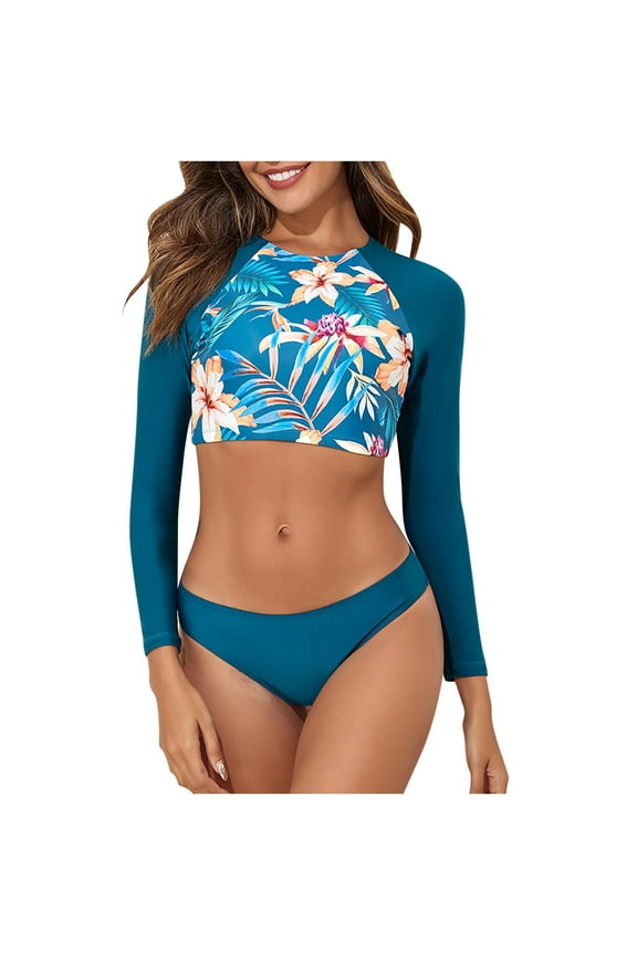 2 Piece Bathing Suits Bikinis for Women 2025 New Women's Fashion Pattern Long Sleeve Tankini Sets Upf 50+ Rash Guard Swimsuit Sun Block Swimwear