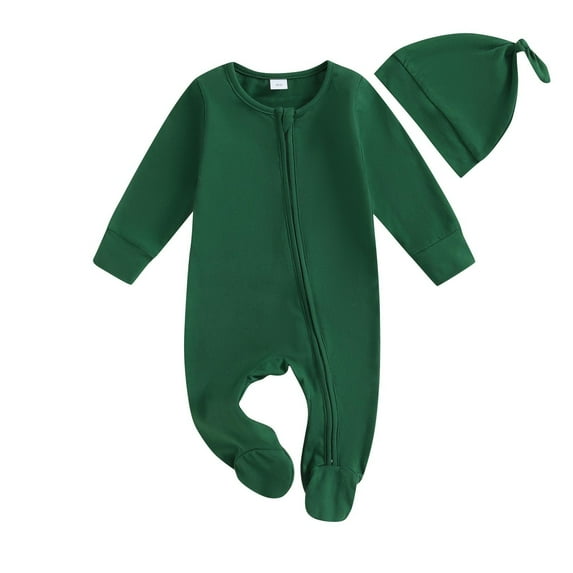 Jamicy Baby Rompers Zipper Christmas Presents Newborn Infant Baby Boys Girls Footie Romper Solid Zipper Jumpsuit Baby Coming Home Outfit with Hat