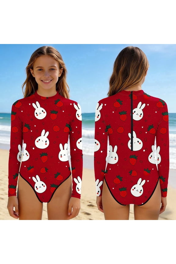 Bathing Suit for Girls One Piece Long Sleeve Rashguard Swimwear with Back Zipper Beach Vacation One Piece Swimsuit for Kids
