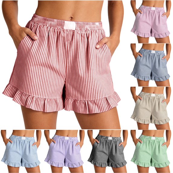 Jamicy Beach Shorts for Women Casual Summer Linen Shorts Striped Ruffle Lounge Shorts Elastic High Waist Pajamas Boxer Shorts