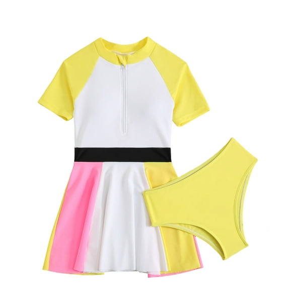 Jamicy Beachwear Outfits for Girls for 6-14 Years Kids Girls' Athletic One Piece Swimsuits Short Sleeve Rashguard Swimwear with Swim Bottom Bathing Suit