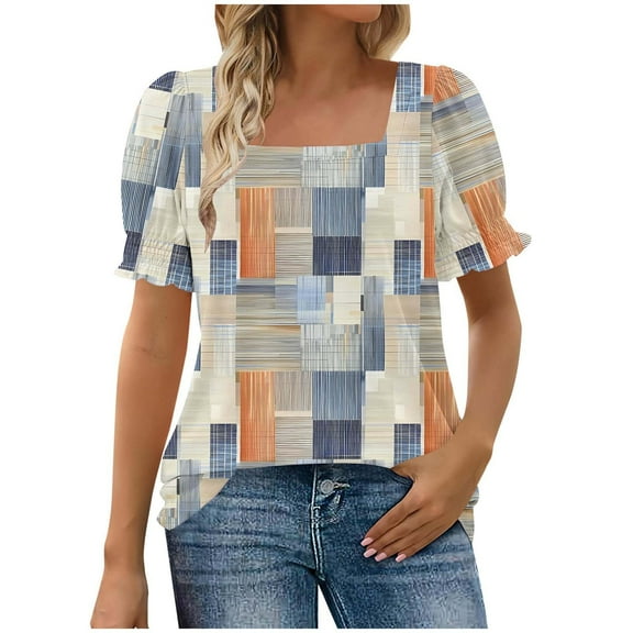 Jamicy Blouse for Women Summer Outfits Blouse for Women Dressy Casual Puff Short Sleeve Boho Tops Fashion Floral Crew Neck Tunic Shirts Summer Clothes