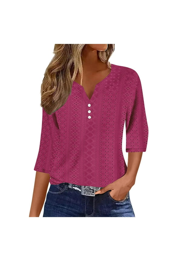 Blouse for Women Gift for Wives Womens V Neck Blouses Casual 3/4 Sleeve Buttons Hollow Out Fashion Shirts Tops Dressy