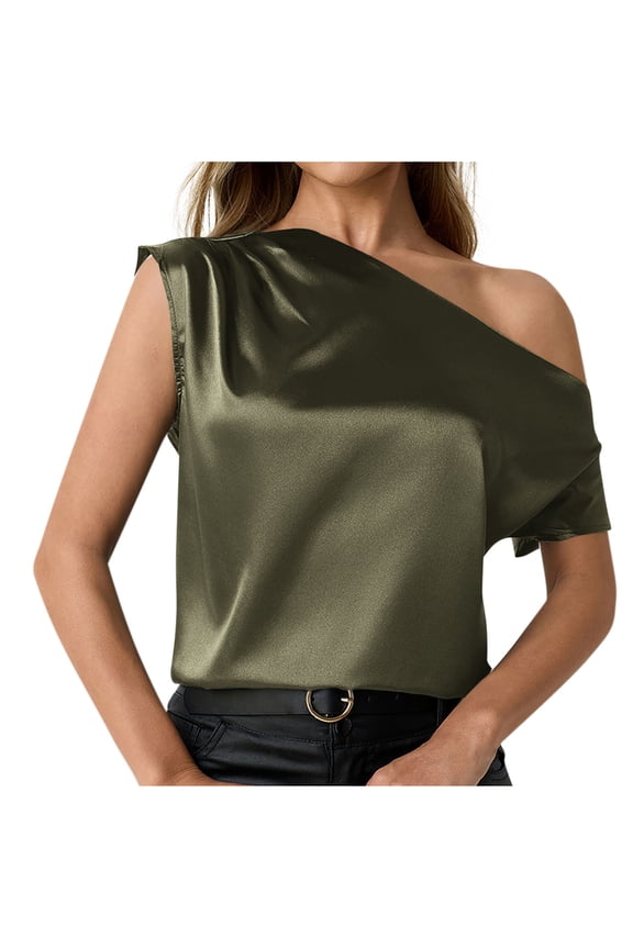 Blouse for Women Summer Outfits Women’S Tops Asymmetrical Off-Shoulder Shirt Sleeveless Ruching Satin Blouses Elegant Trendy Dressy