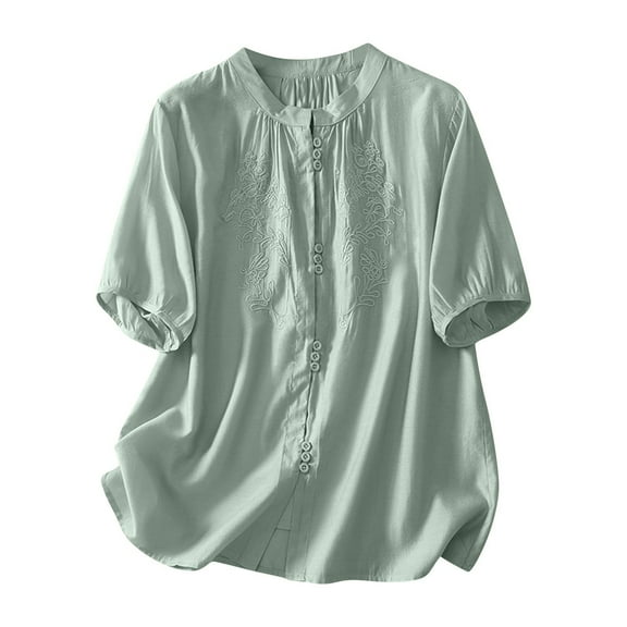 Jamicy Blouse for Women Summer Outfits Women's Linen Embroidered Button Short Sleeved Stand-Up Collar Fashionable Top