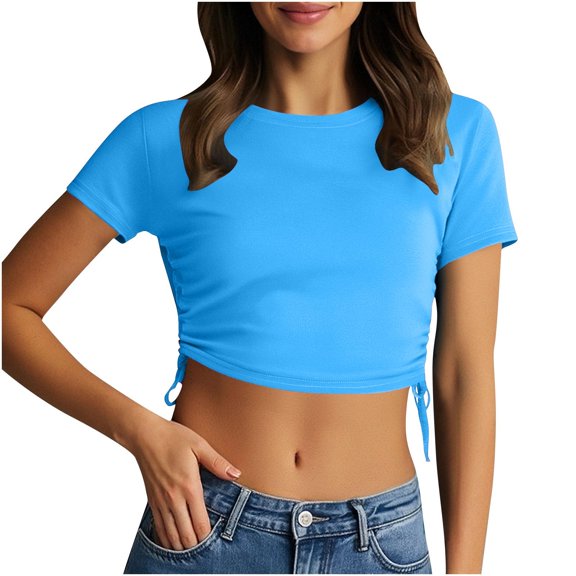 Jamicy Blouse for Women Summer Outfits Women's Round Neck Short Sleeve Drawstring Side Slim Fit Stretchy Crop Tops