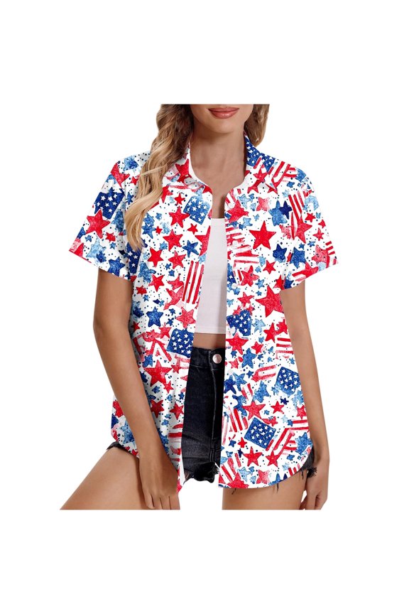 Blouses for Women Trendy Gift for Mom Independence Day Shirt Women Patriotic Shirts 4th Of July Tops Hawaii Floral Blouses Button Down Shirts