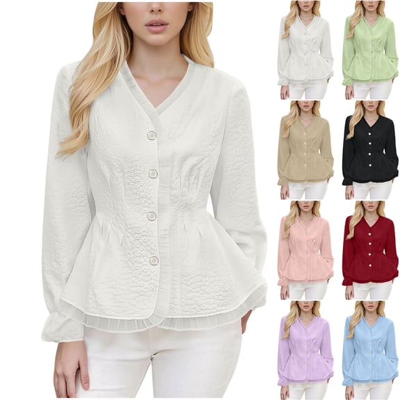 Jamicy Blouses for Women V-Neck Ruffle Button Down Lantern Sleeve Going Out Tops with Pearl Buttons Smocked Cuffs Vacation Outfits