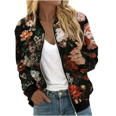 Jamicy Bombers Jacket Womens Jacket Casual Coat Zip Up Outerwear Windbreaker with Pockets Lightweight Jacket Coat Floral Patchwork Striped Cute Tops