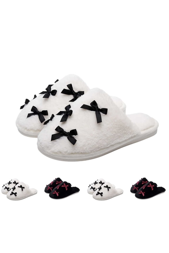 Bow Slippers for Women Plush Indoor Shoes Warm Winter Fuzzy House Cute Comfort Slip On Lightweight Cozy Footwear for Home Bedroom