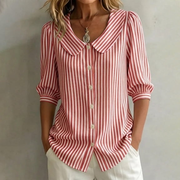 Jamicy Button Down Shirts for Women Striped Shirts 3/4 Sleeve Work Casual Peter Pan Collared Summer Shirt Tops Blouses