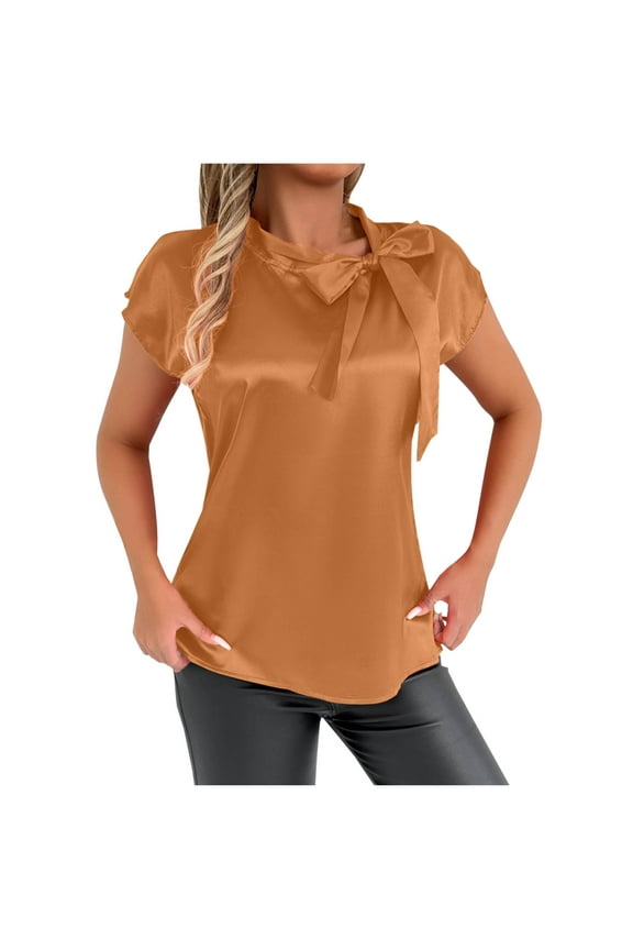 Casual Blouses for Women Summer Outfits Women's Bow Tie Mock Neck Cap Sleeve Satin Blouse Office Shirts Solid Color Round-Neck Short Sleeve Shirts Blouse
