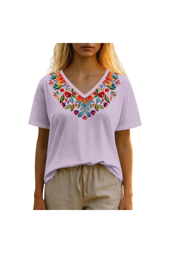 Casual Blouses for Women Gift for Mother Vintage Flowers V Neck Shirt Boho Floral Graphic Tee Casual Cottagecore Short Sleeve T Shirt