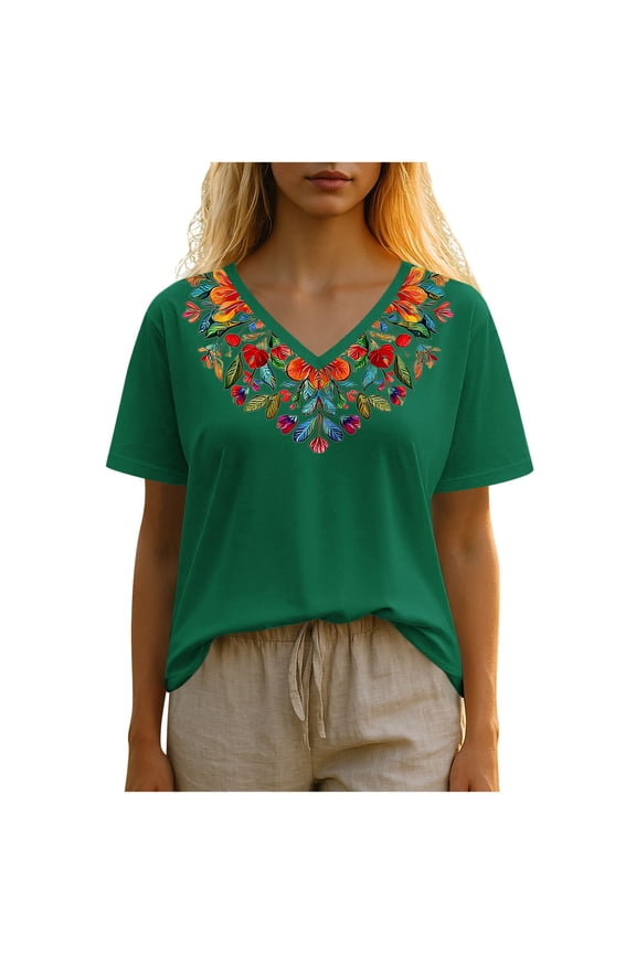 Casual Blouses for Women Gift for Mother Vintage Flowers V Neck Shirt Boho Floral Graphic Tee Casual Cottagecore Short Sleeve T Shirt