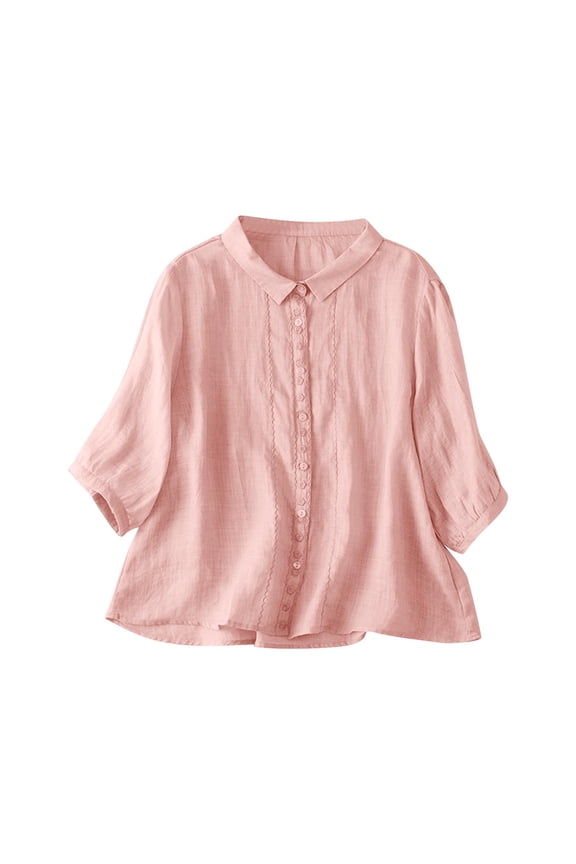 Casual Blouses for Women Gift for Women Women's Linen Embroidered Half Sleeved Button Turndown Collar Fashionable Top