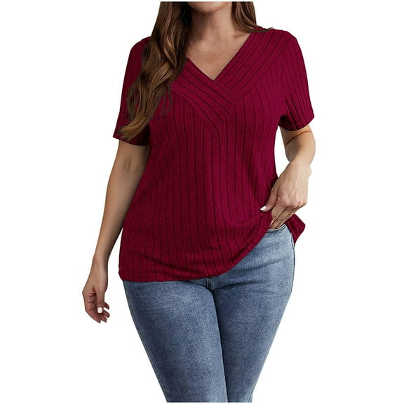 Jamicy Casual Blouses for Women Summer Outfits Casual Tops V Neck Solid Color Shirts Lightweight Short Sleeve Blouses