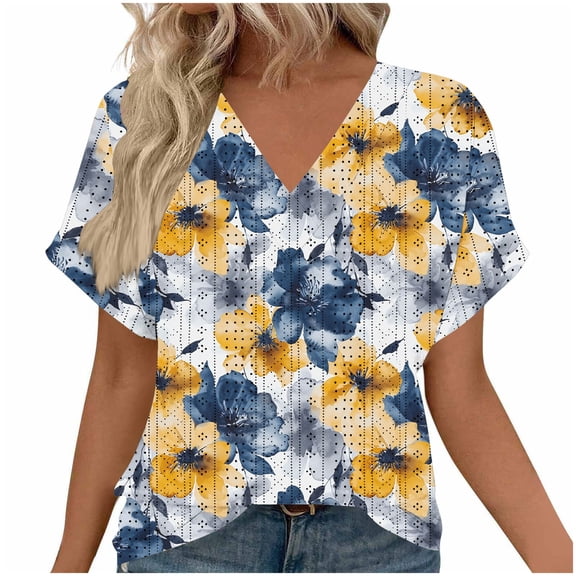 Jamicy Casual Blouses for Women Summer Outfits Womens Blouse 2025 Summer Short Sleeve V Neck Buttons Tops Loose Comfortable T-Shirt Top