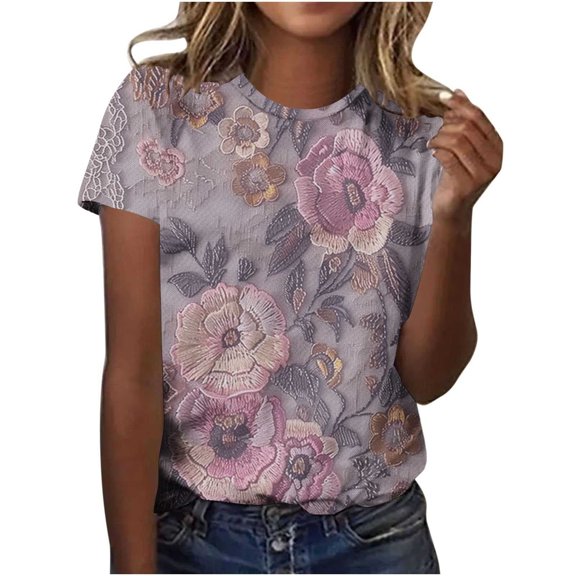 Jamicy Casual Blouses for Women Summer Wear Womens Dressy Tops Women's Fashion Casual Short Sleeve Flower Print Round Neck Pullover Top Blouse
