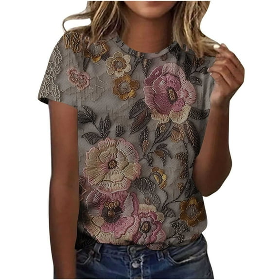 Jamicy Casual Blouses for Women Summer Wear Womens Dressy Tops Women's Fashion Casual Short Sleeve Flower Print Round Neck Pullover Top Blouse