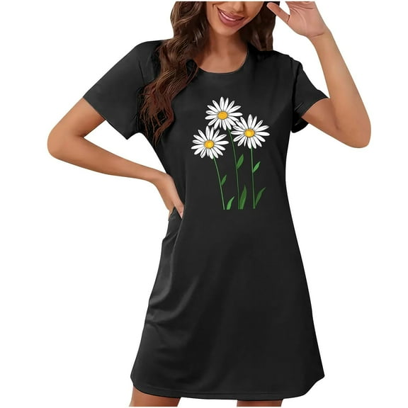 Jamicy Casual Homewear for Women Gift for Girlfriend Short Sleeve Dress Round Neck Dresses Soft Sleepwear Midi Sundress Women Maxi Dress Nightdress