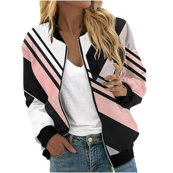 Jamicy Casual Jacket for Women Bomber Jacket for Women Lightweight Zip Up Long Sleeve Casual Jacket Trendy Patchwork Color Block Sport Outerwear