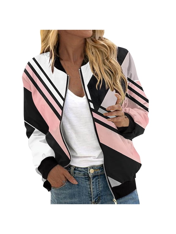 Casual Jacket for Women Bomber Jacket for Women Lightweight Zip Up Long Sleeve Casual Jacket Trendy Patchwork Color Block Sport Outerwear