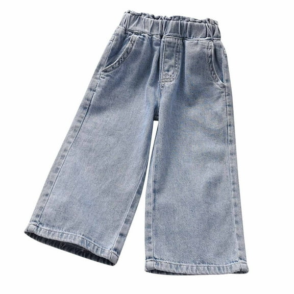 Jamicy Children's Denim Pants Gift for Kids Girls Jeans Childrens Elastic Waist Witt Pockets Wide-Leg Denim Pants