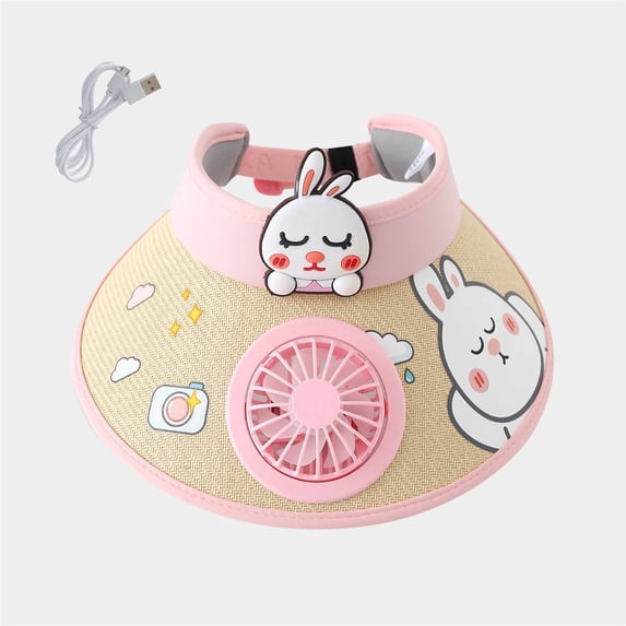Jamicy Children's Sun Hat Sun Visor Hat With USB Charging Fan, Cute Cartoon Design, Wide Brim Empty Top Sunhat for Boys Girls Outdoor