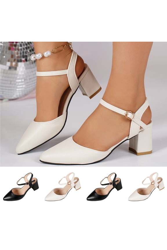 Closed Toe Sandals for Women Ankle Strap Pointed Toe Slingback Chunky Low Heels Womens Pumps Wedding Dress Shoes