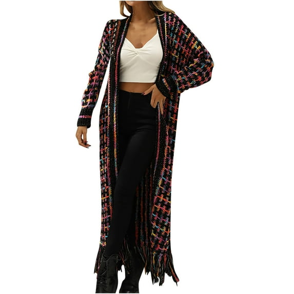 Jamicy Colorful Cardigan for Women Open Front Sweaters Fall Knit Long Cardigan Coat Fashion Wave Colorful Stripe Women's Sweater Outerwear with Pockets
