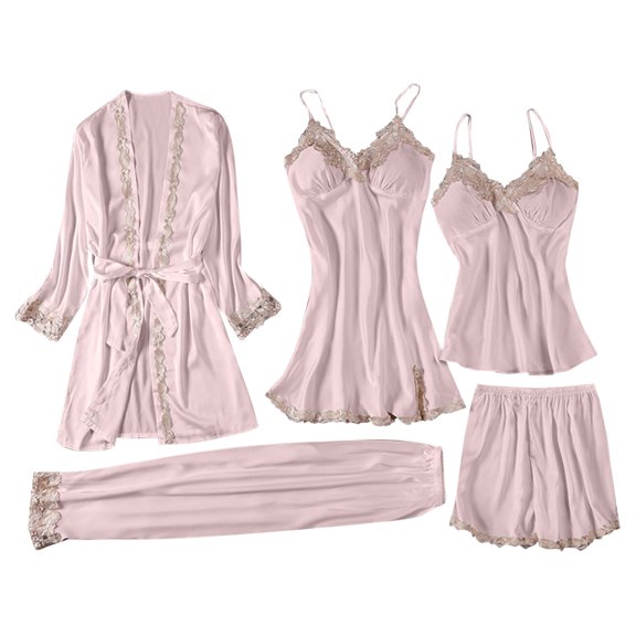 Jamicy Comfy Pajamas for Women Set Christmas Day Gifts Silk Pajamas Robes Set 4pcs Sexy Pjs Cami Shorts Satin Sleepwear Lace Loungewear Nightgown With Robe