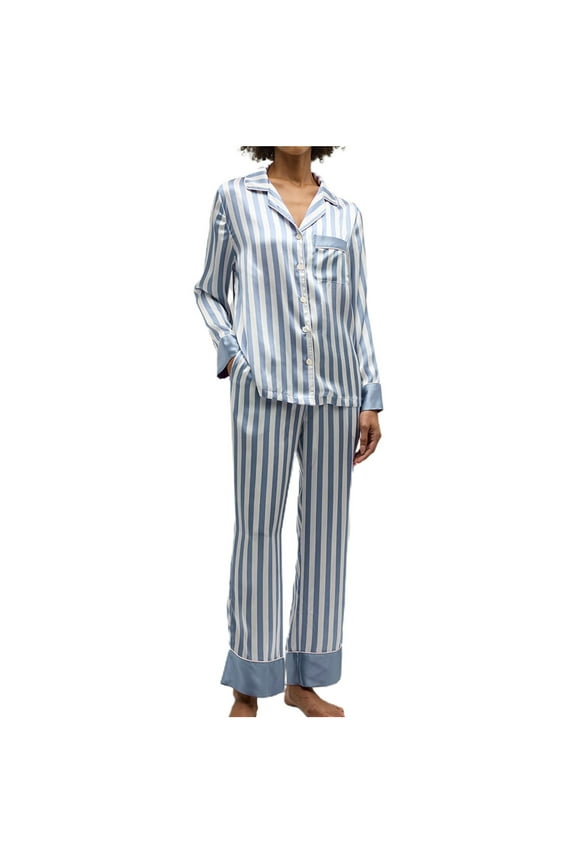 Comfy Pajamas for Women Set 2 Piece Silk Satin Pajama Outfits Striped Lounge Sets Long Sleeve Button Down Shirt with Pants Sleepwear