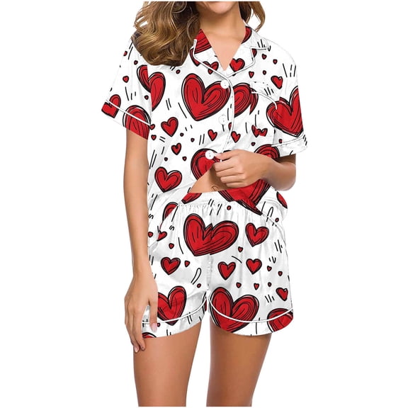 Jamicy Comfy Pajamas for Women Set Valentine's Day Gift Button Up Pjs Short Sleeve Ruffle Sleepwear Notch Collar Bride Soft Pj Lounge Sets
