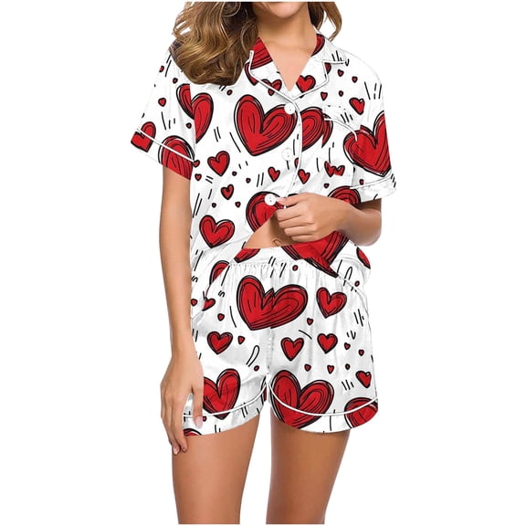 Jamicy Comfy Pajamas for Women Set Valentine's Day Gift Button Up Pjs Short Sleeve Ruffle Sleepwear Notch Collar Bride Soft Pj Lounge Sets