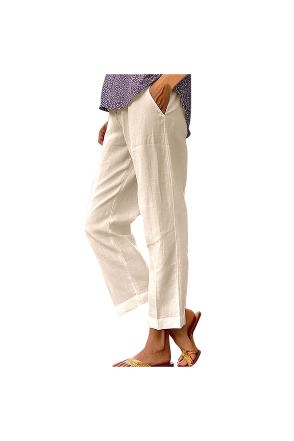 Comfy Pants Women Gift for Mom Cropped Linen Pants for Women Casual Lightweight Summer Pants Elastic Waist Plus Size Beach Pants with Pockets