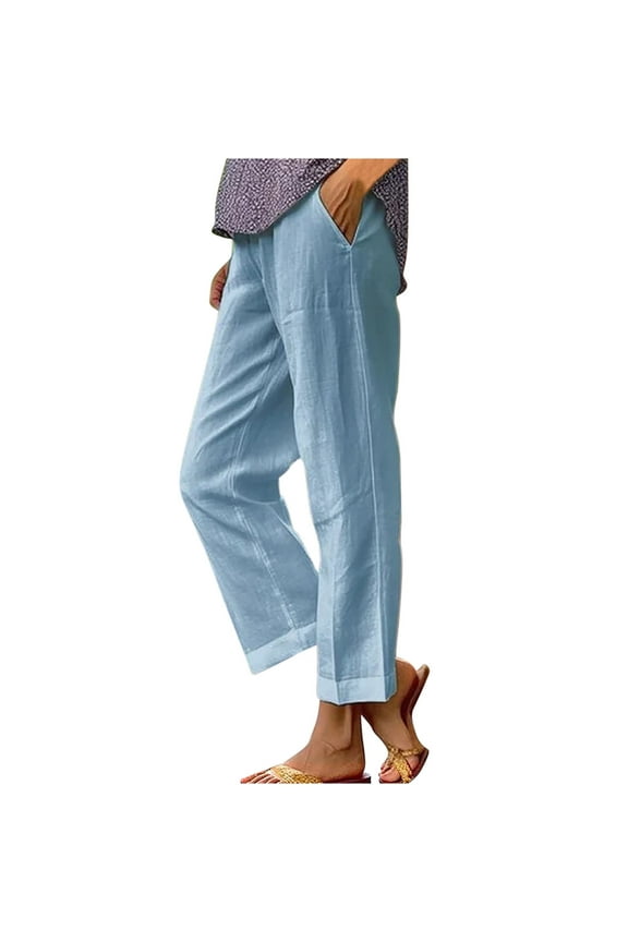 Comfy Pants Women Gift for Mom Cropped Linen Pants for Women Casual Lightweight Summer Pants Elastic Waist Plus Size Beach Pants with Pockets