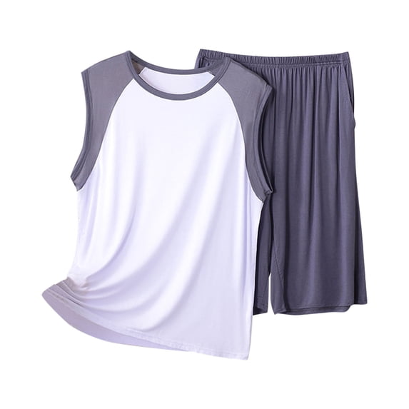 Lopecy-Sta Cooling Pajamas for Men Gift for Men Men's Summer Loose Color Blocked Set Round Neck Short Sleeve Tank Top with Shorts Home Clothes Two Piece Set
