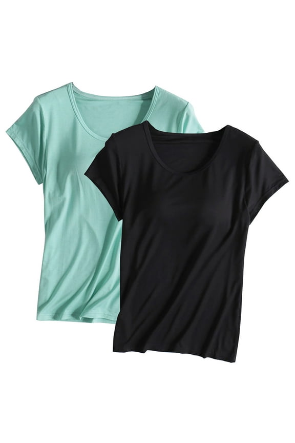Cooling Pajamas for Women 2pc Built-In Bra T-Shirt for Womens Padded Active Tops Short Sleeves Blouses Soft Pajama Casual Shirts for Workout Yoga