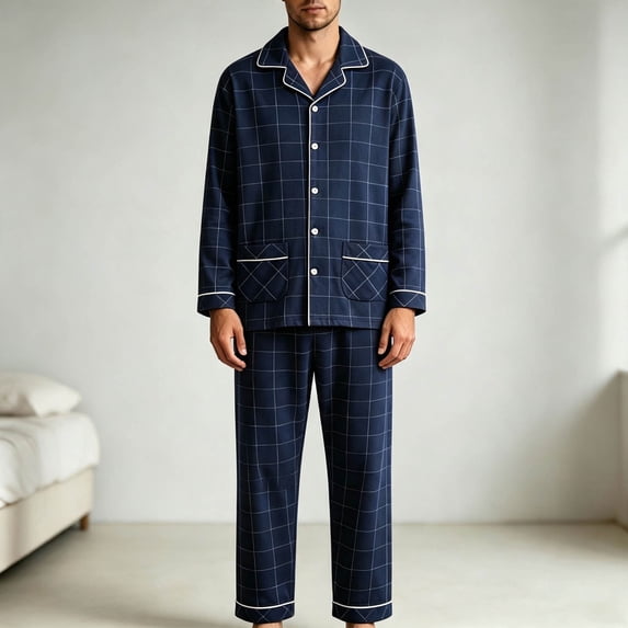 Jamicy Cotton Pajamas for Men Set Long Sleeve Sleepwear Button Down Winter Home Wear Soft Loungewear Set with Pockets