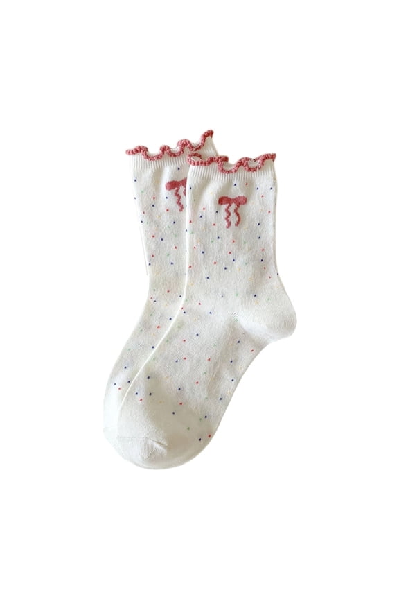 Cozy Socks for Women Cute Bow Crew Socks, Cute Print Ruffled Calf Socks - Casual Cotton Novelty Fun Ankle Sock