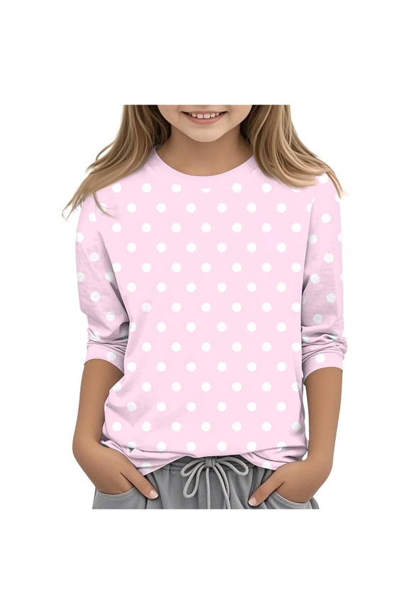 Crew Neck Sweatshirts Girls Polka Dot Pattern Children's Casual Pullover Raglan Round Neck Long Sleeve Sweatshirts T-Shirt