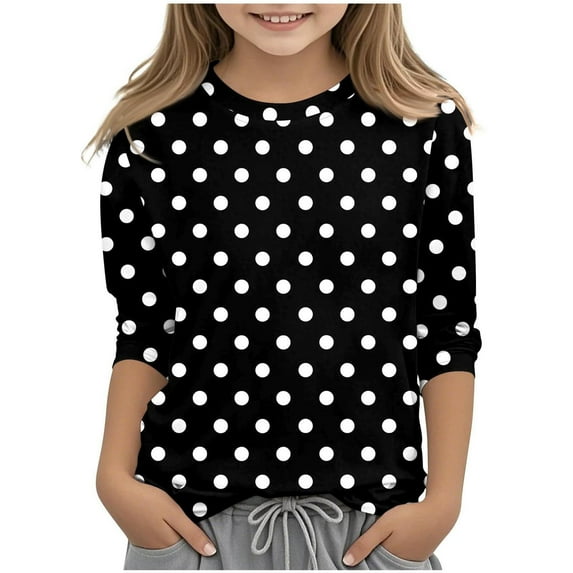Jamicy Crew Neck Sweatshirts Girls Polka Dot Pattern Children's Casual Pullover Raglan Round Neck Long Sleeve Sweatshirts T-Shirt