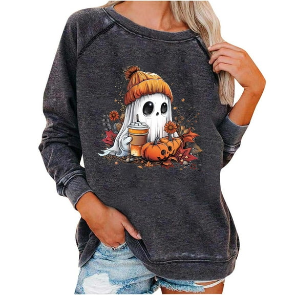 Jamicy Crewneck Sweatshirts Women Halloween Pumpkin Sweatshirts for Women Funny Ghost Graphic Sweatshirt Spooky Season Party Sweater Fall Pullover Tops
